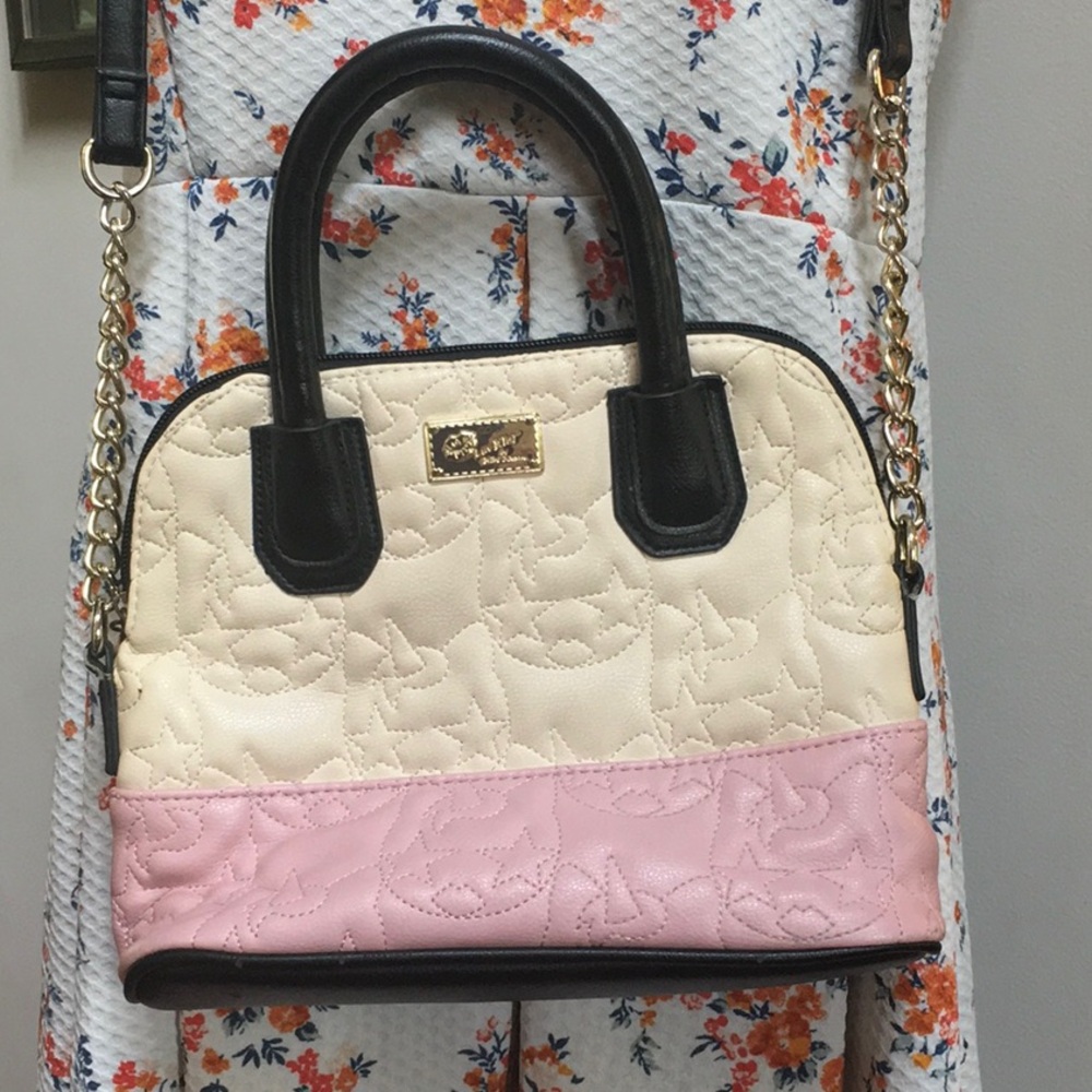 Betsey Johnson Quilted Pink & Cream Top-Handle Satchel with Black Trim